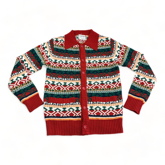 Vintage Cardigan Sweater Adult SMALL Red Orange Green 70s Fair Isle Aztec Funky - Picture 1 of 9